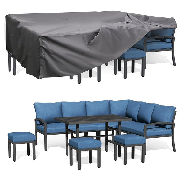 YODOLLA 7 Pieces Metal Patio Furniture Sets with Waterproof Cover Outdoor Conversation Set with Dining Table and Chair, Dark Blue