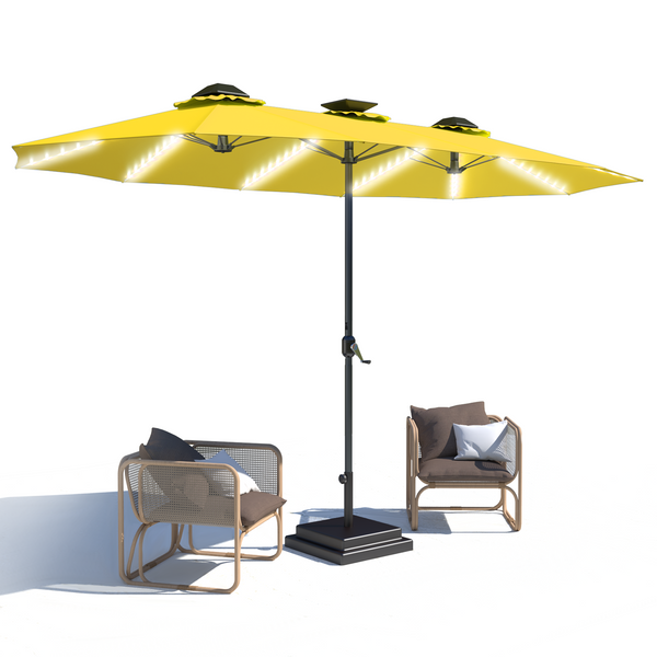 AECOJOY 15ft Patio Umbrella with Solar Lights,Outdoor Large Double Umbrella, Rectangle Table Umbrella with 156 PCS LED Lights and Crank Handle for Backyard Deck Pool Shade in Yellow