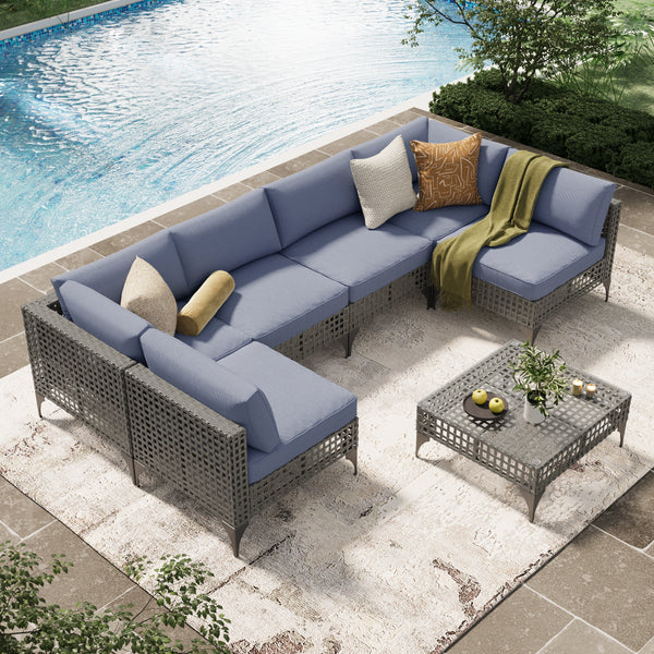 YODOLLA 7-Piece Patio Furniture Set with Tea Table, Rattan Wicker Outdoor Sectional Furniture Sofa Conversation Set, Grey Rattan&Blue Cushions