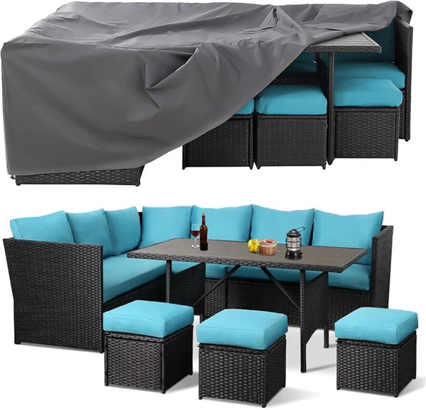 AECOJOY 7 Pcs Outdoor Rattan Sectional Sofa Couch with Dining Table and Protection Cover,Blue