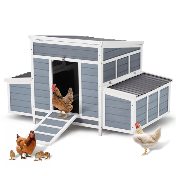AECOJOY 56" Large Chicken Coop with 6 Nesting Boxes Outdoor Hen Chicken House w/Ramps, Removable Tray for 6 Chickens,Gray