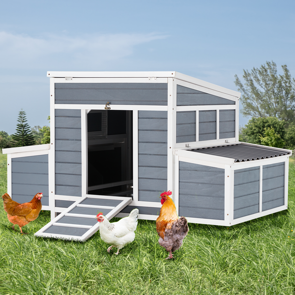 AECOJOY 56" Large Chicken Coop with 6 Nesting Boxes Outdoor Hen Chicken House w/Ramps, Removable Tray for 6 Chickens,Gray