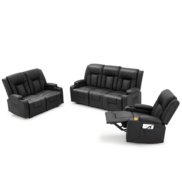 YODOLLA 3 Pieces Leather Recliner Sofa Set with Swivel Massage Chair, Modern Manual Control Couch Set Overstuffed Reclining Sofa Home Theater Seat RV Sofa Set w/Side Pockets&Cup Holders, Black