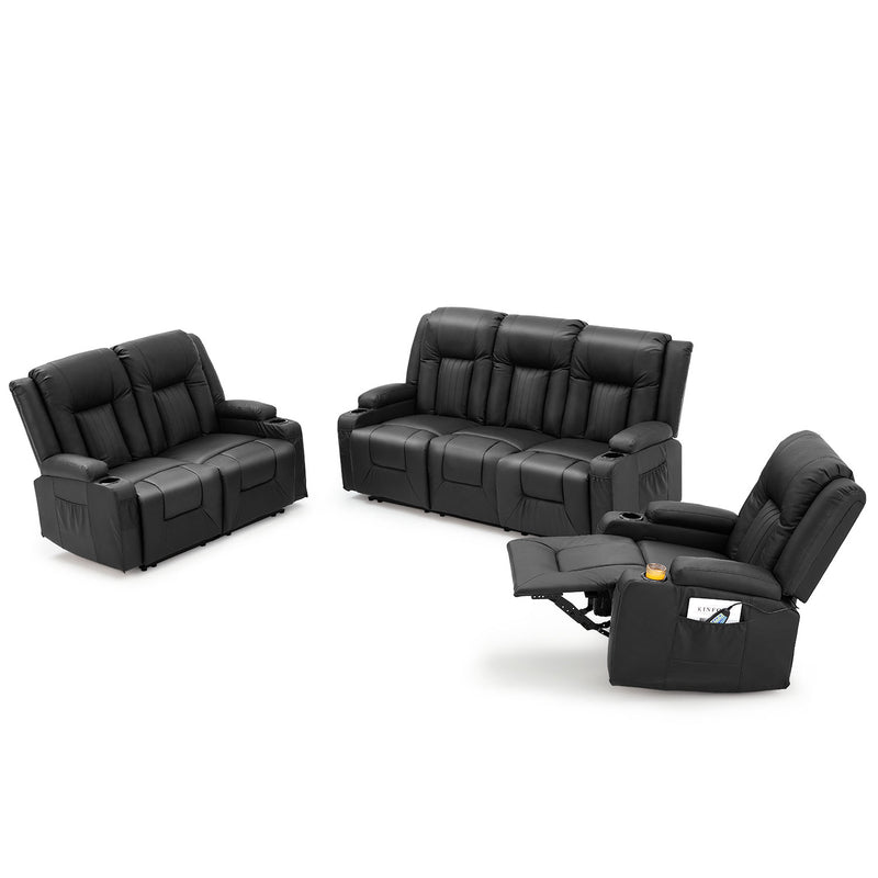 YODOLLA 3 Pieces Leather Recliner Sofa Set with Swivel Massage Chair, Modern Manual Control Couch Set Overstuffed Reclining Sofa Home Theater Seat RV Sofa Set w/Side Pockets&Cup Holders, Black
