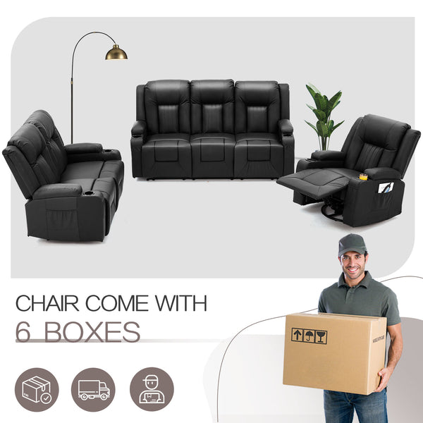 YODOLLA 3 Pieces Leather Recliner Sofa Set with Swivel Massage Chair, Modern Manual Control Couch Set Overstuffed Reclining Sofa Home Theater Seat RV Sofa Set w/Side Pockets&Cup Holders, Black