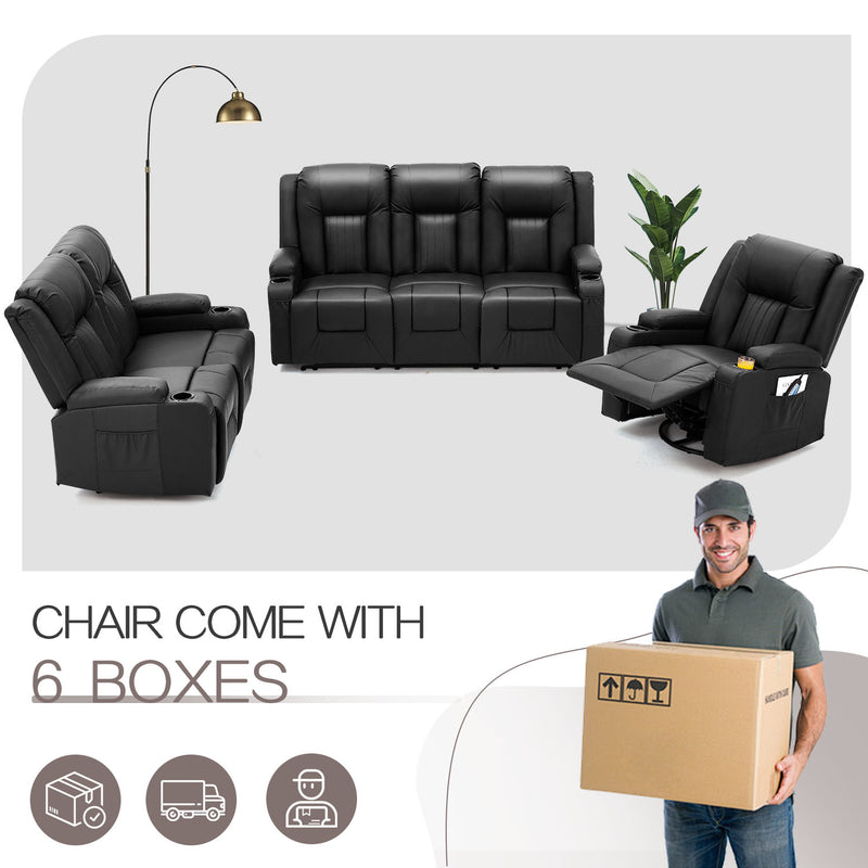 YODOLLA 3 Pieces Leather Recliner Sofa Set with Swivel Massage Chair, Modern Manual Control Couch Set Overstuffed Reclining Sofa Home Theater Seat RV Sofa Set w/Side Pockets&Cup Holders, Black