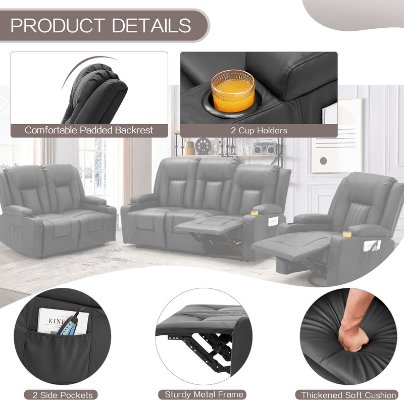 YODOLLA 3 Pieces Leather Recliner Sofa Set with Swivel Massage Chair, Modern Manual Control Couch Set Overstuffed Reclining Sofa Home Theater Seat RV Sofa Set w/Side Pockets&Cup Holders, Black