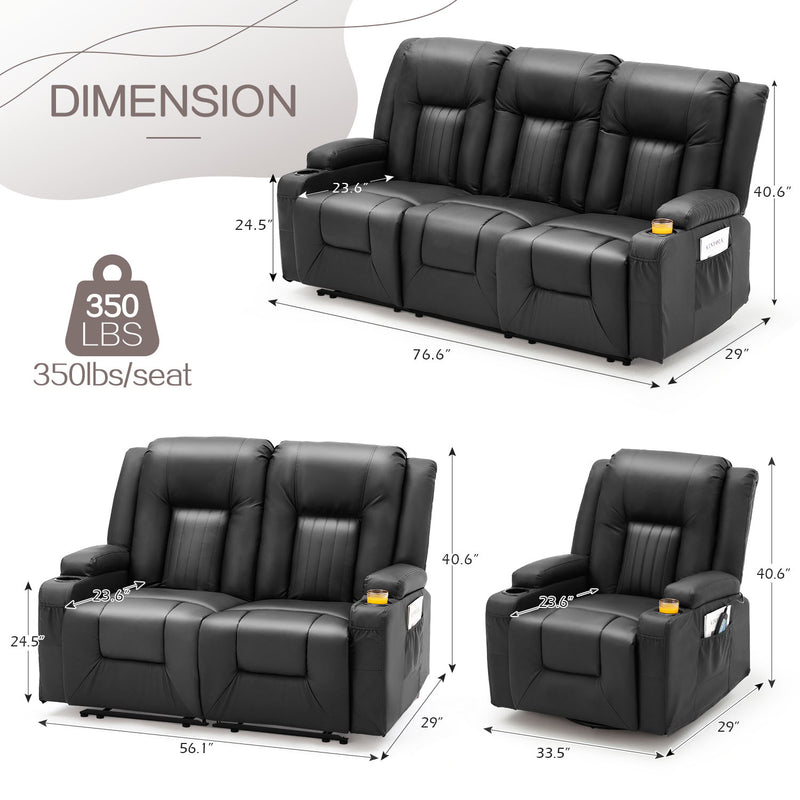YODOLLA 3 Pieces Leather Recliner Sofa Set with Swivel Massage Chair, Modern Manual Control Couch Set Overstuffed Reclining Sofa Home Theater Seat RV Sofa Set w/Side Pockets&Cup Holders, Black
