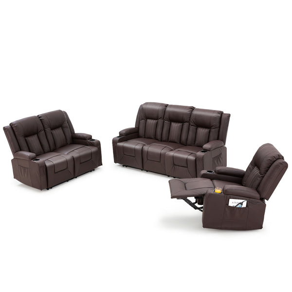 YODOLLA 3 Pieces Leather Recliner Sofa Set with Swivel Massage Chair, Modern Manual Control Couch Set Overstuffed Reclining Sofa Home Theater Seat RV Sofa Set w/Side Pockets&Cup Holders, Brown