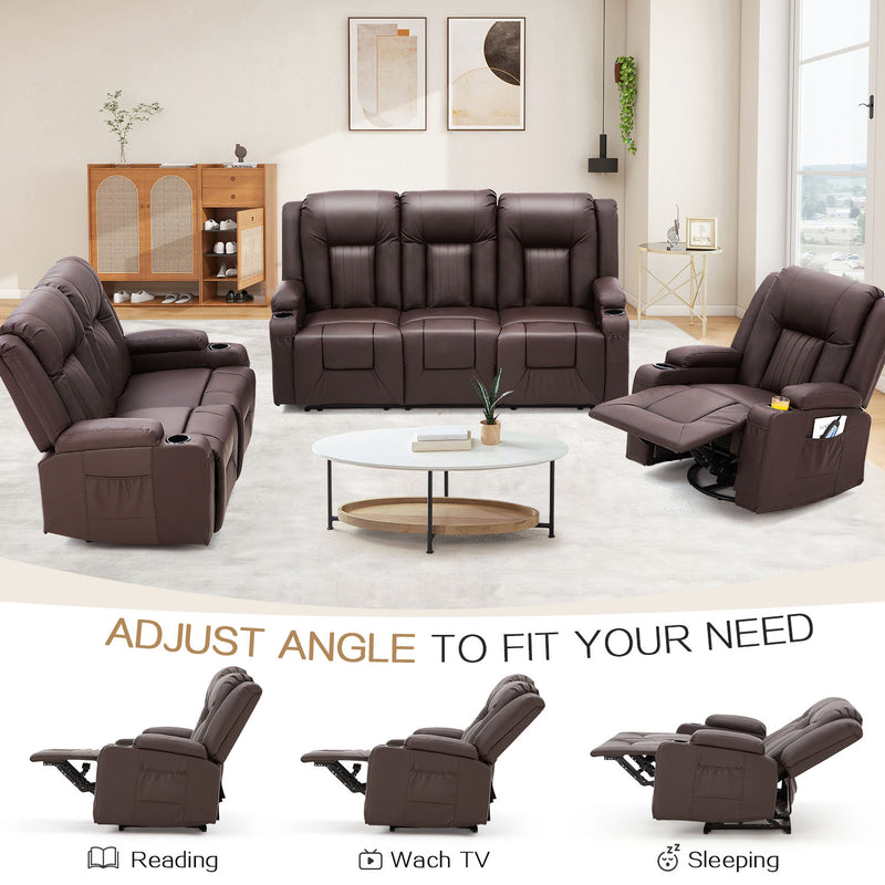 YODOLLA 3 Pieces Leather Recliner Sofa Set with Swivel Massage Chair, Modern Manual Control Couch Set Overstuffed Reclining Sofa Home Theater Seat RV Sofa Set w/Side Pockets&Cup Holders, Brown