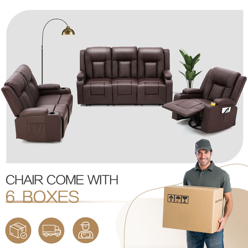 YODOLLA 3 Pieces Leather Recliner Sofa Set with Swivel Massage Chair, Modern Manual Control Couch Set Overstuffed Reclining Sofa Home Theater Seat RV Sofa Set w/Side Pockets&Cup Holders, Brown