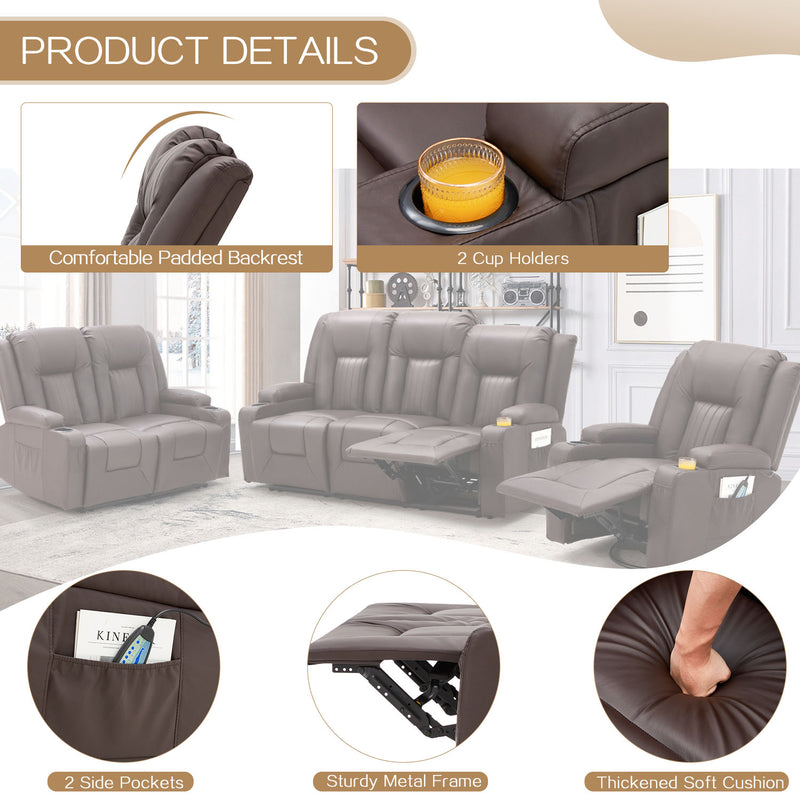 YODOLLA 3 Pieces Leather Recliner Sofa Set with Swivel Massage Chair, Modern Manual Control Couch Set Overstuffed Reclining Sofa Home Theater Seat RV Sofa Set w/Side Pockets&Cup Holders, Brown