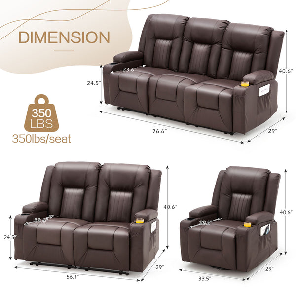 YODOLLA 3 Pieces Leather Recliner Sofa Set with Swivel Massage Chair, Modern Manual Control Couch Set Overstuffed Reclining Sofa Home Theater Seat RV Sofa Set w/Side Pockets&Cup Holders, Brown