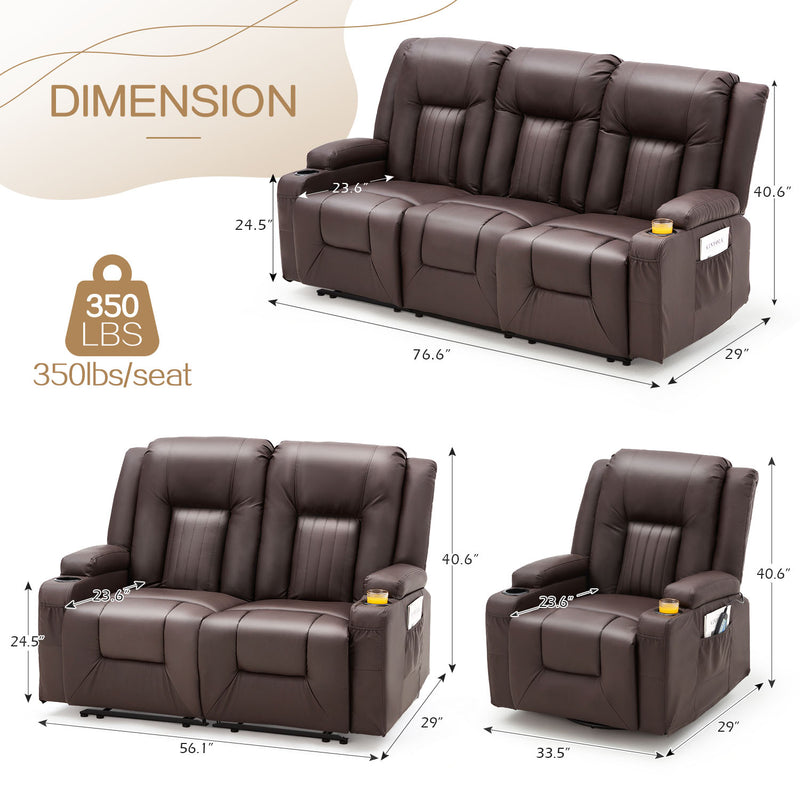 YODOLLA 3 Pieces Leather Recliner Sofa Set with Swivel Massage Chair, Modern Manual Control Couch Set Overstuffed Reclining Sofa Home Theater Seat RV Sofa Set w/Side Pockets&Cup Holders, Brown