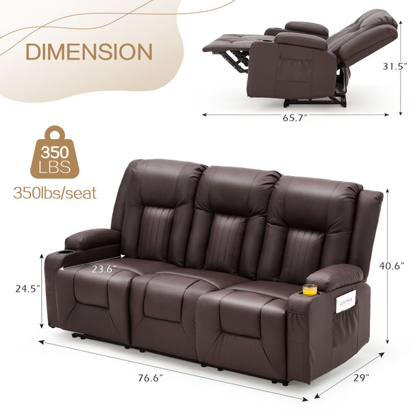 YODOLLA Manual Reclining Sofa with Cup Holders&Side Pockets, PU Leather Home Theater Seating, 3 Seat Recliner Chair for Adults-Brown