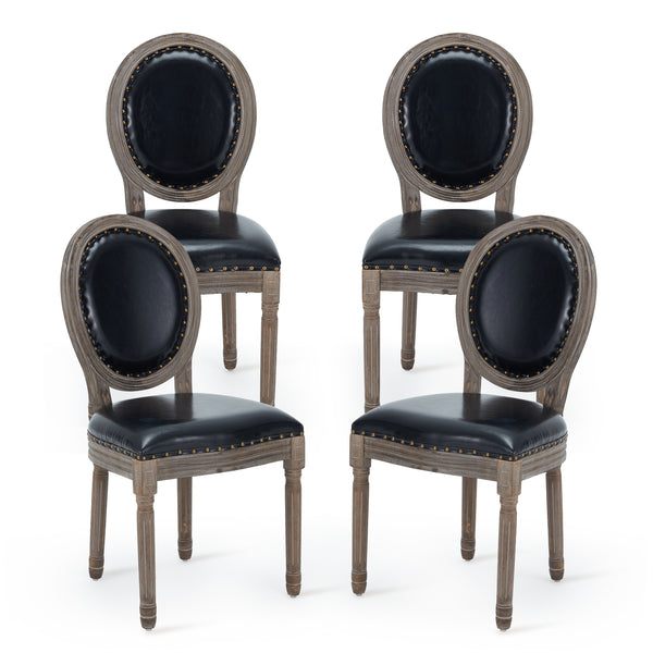 AVAWING French Country Leather Dining Chairs Set of 4, Farmhouse Dining Room Chairs Vintage Chair with Round Back, Solid Wood Legs Kitchen Chair for Dining Room/Living Room/Kitchen/Restaurant, Black