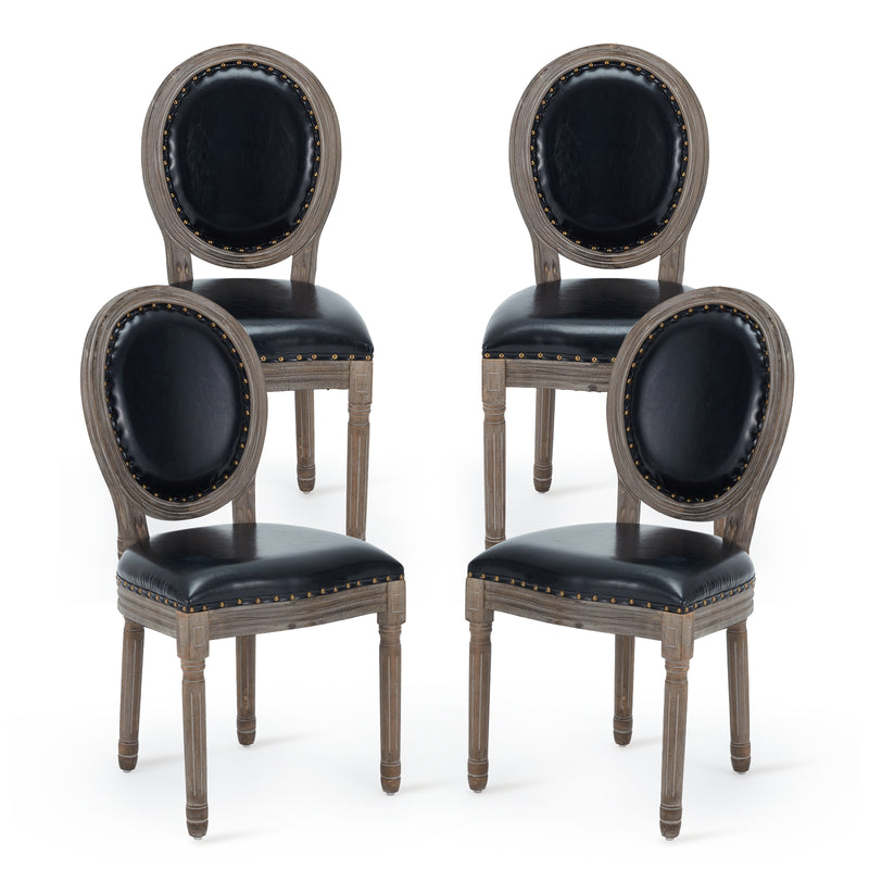 AVAWING French Country Leather Dining Chairs Set of 4, Farmhouse Dining Room Chairs Vintage Chair with Round Back, Solid Wood Legs Kitchen Chair for Dining Room/Living Room/Kitchen/Restaurant, Black