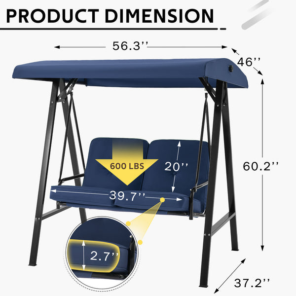 AECOJOY 2 Persons Outdoor Patio Canopy Steel Porch Swing Chair-Dark Blue