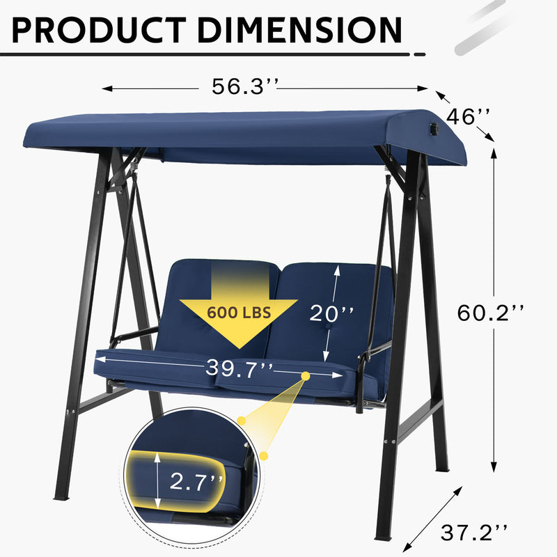 AECOJOY 2 Persons Outdoor Patio Canopy Steel Porch Swing Chair-Dark Blue