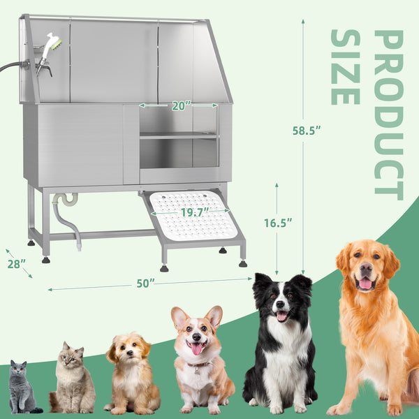 YODOLLA 50" Dog Grooming Tub for Home,Dog Washing Station with Ramp,Stainless Steel Pet Bathing Station for Salon Vet Kennel