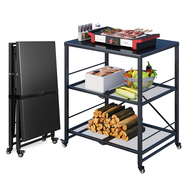 YODOLLA Foldable Outdoor Grill Cart Rolling Dining Table with Three-Shelf,Garden Patio BBQ Kitchen Food Prep Cart,Black