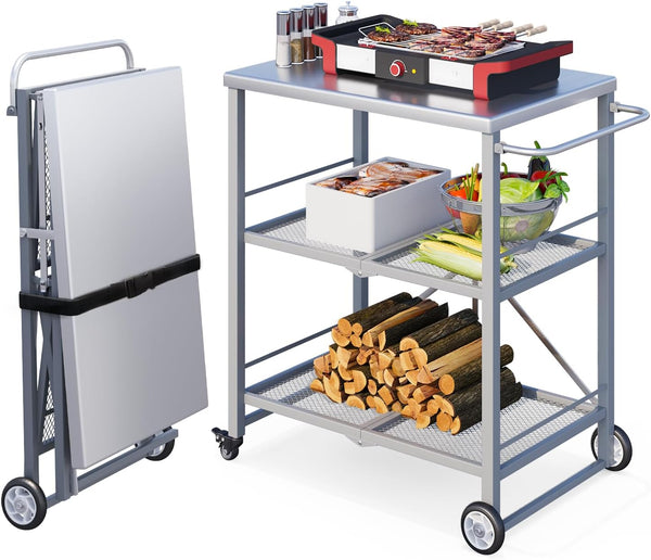 AECOJOY Foldable Outdoor Grill Cart 3 Tiers Stainless Steel Rolling Cart with Wheels Metal Utility Storage Trolley,Silver