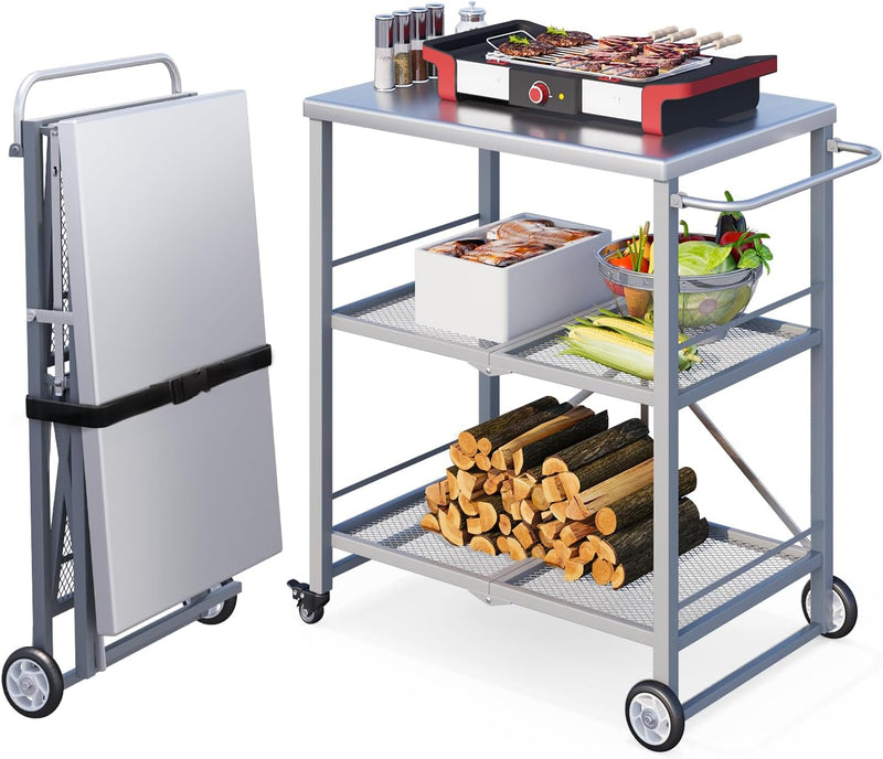 AECOJOY Foldable Outdoor Grill Cart 3 Tiers Stainless Steel Rolling Cart with Wheels Metal Utility Storage Trolley,Silver