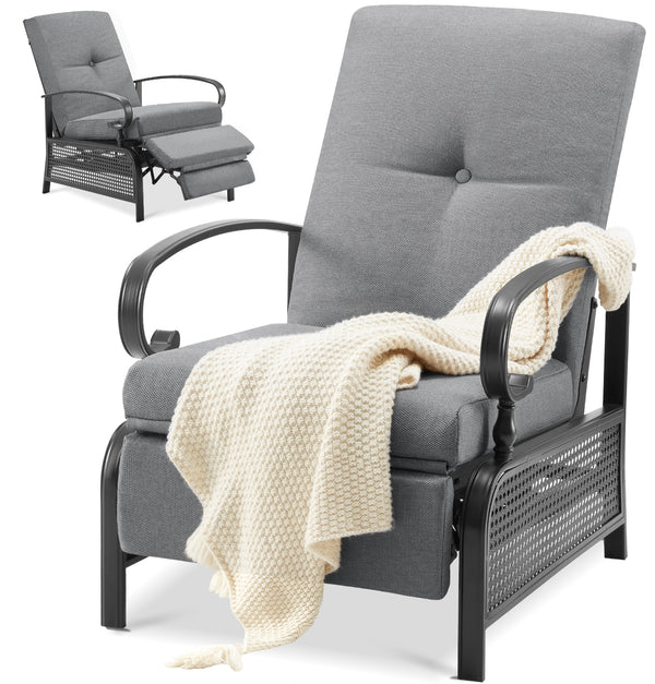 AECOJOY Adjustable Patio Reclining Lounge Chair with Umbrella Side Table Stand-Dark Gray