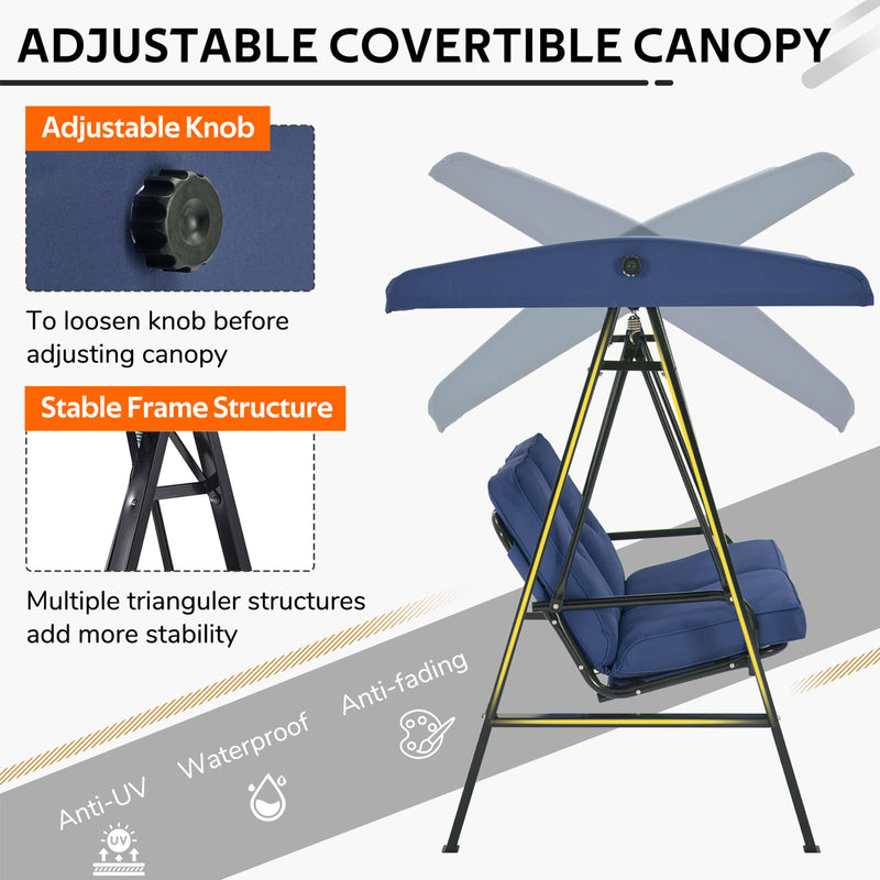 AECOJOY 2 Persons Outdoor Patio Canopy Steel Porch Swing Chair-Dark Blue