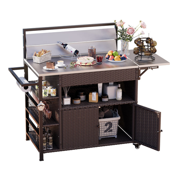 AECOJOY Patio Prep Table Grill Cart with Rolling Wheels, 60''x23.7''x46.7'' Outdoor Bar Cart with Rattan Storage Cabinet, Dark Brown