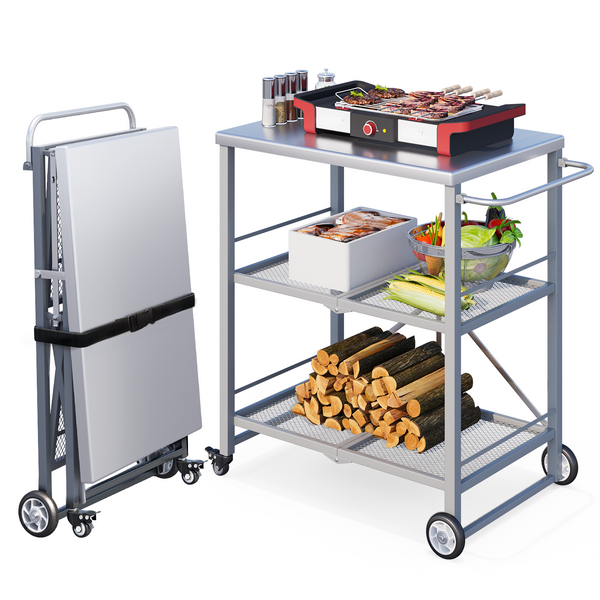 YODOLLA Foldable Outdoor Grill Cart 3 Tiers Stainless Steel Rolling Cart with Wheels Metal Utility Storage Trolley,Silver