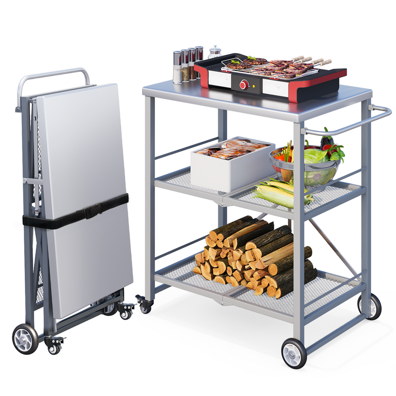 YODOLLA Foldable Outdoor Grill Cart 3 Tiers Stainless Steel Rolling Cart with Wheels Metal Utility Storage Trolley,Silver