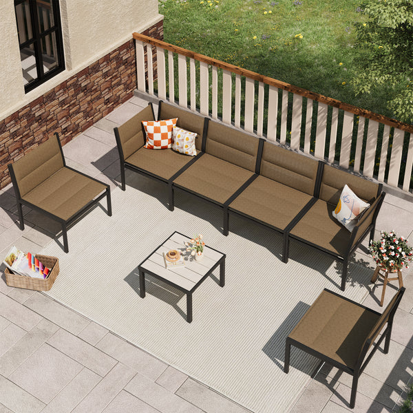 AECOJOY Outdoor Furniture Sets, 7 Pieces Cotton-Filled Textilene Fabric Outdoor Coffee Table and Chairs for Garden, Brown