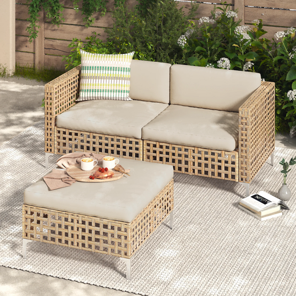 YODOLLA 3-Piece Patio Furniture Set, Boho Style Rattan Wicker Loveseat Sofa Couch with Coffee Table in Beige