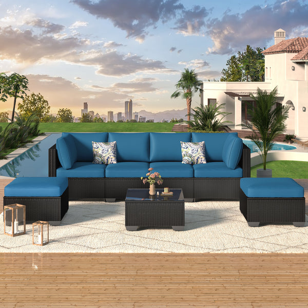 YODOLLA 7-Piece Patio Furniture Set on Sale, Black Rattan Wicker Outdoor Sectional Sofa Couch with Table Patio Conversation Set for Lawn& Backyard In Peacock Blue