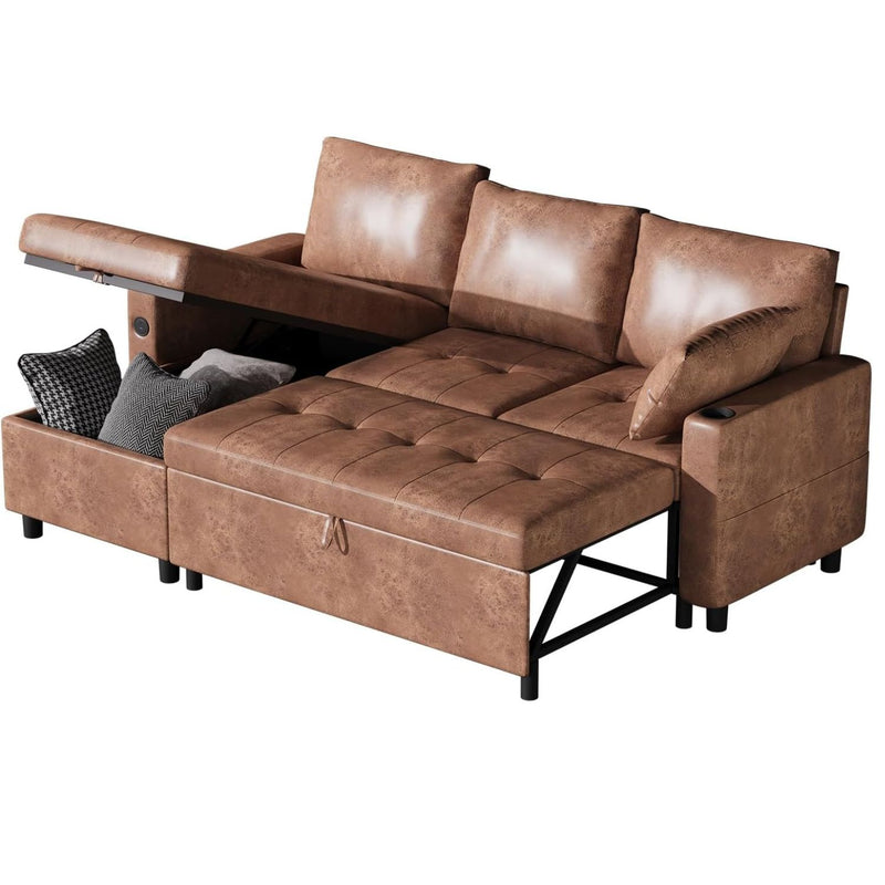 AECOJOY Sofa Bed, 3 in 1 Sleeper Sofa with Storage Chair, Faux Leather L Shape Couch, Sectional Pull Out Sofa Bed Mid Century Modern Couch for Living Room Clearance, Comfy Sleeper Couch in Brown