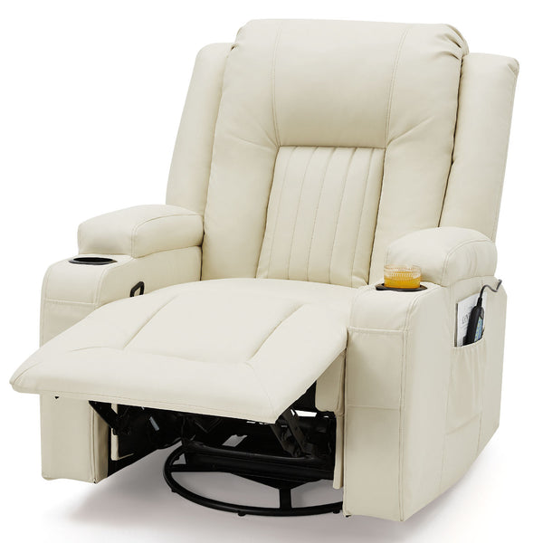 YODOLLA Massage Manual Recliner Chair with Heat and Vibration Massage, PU Leather Swivel Rocker Recliner Chair for Adults with 2 Cup Holders, Remote Control-Cream White