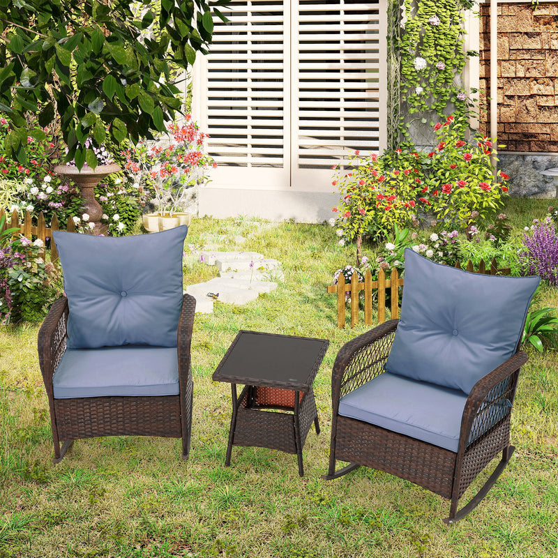 3-Piece Rattan Rocking Bistro Set with Glass Coffee Table for Porch & Garden