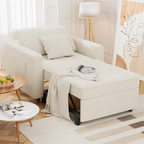 YODOLLA 3-in-1 Futon Convertible Sleeper Sofa Bed Chair for Living Room,Pull Out Couch in Teddy Velvet White