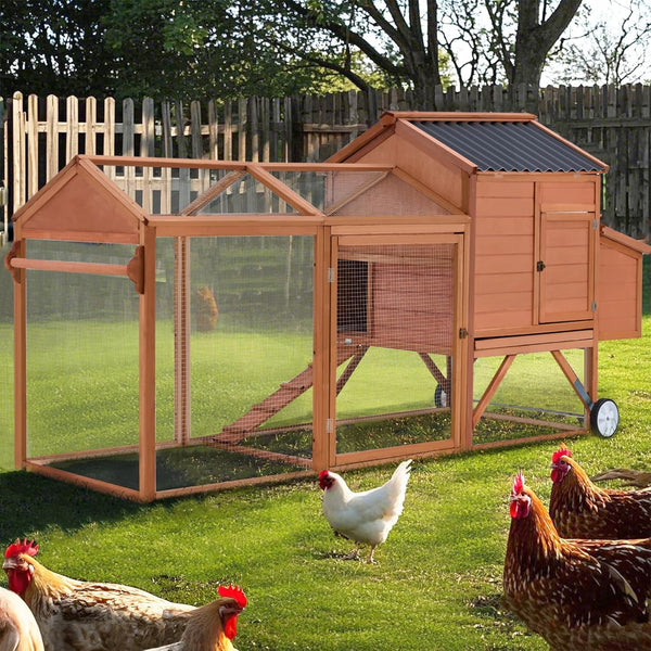 YODOLLA 95" Chicken Coop with Wheels, Poultry Cage Wooden Chicken Hutch Tractor with Run, Nesting Boxes, Ramps, Removable Tray in Natural wood