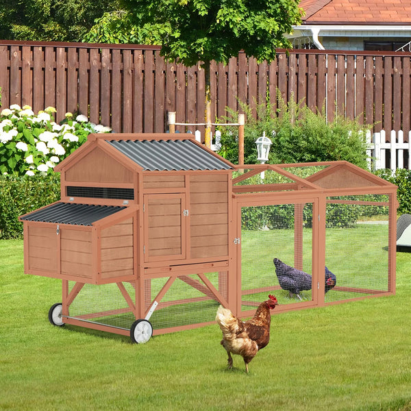 YODOLLA 95" Chicken Coop with Wheels, Poultry Cage Wooden Chicken Hutch Tractor with Run, Nesting Boxes, Ramps, Removable Tray, Natural Wood