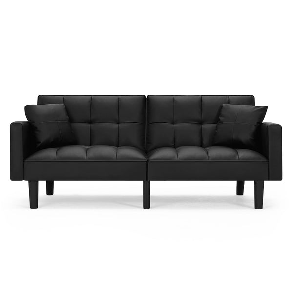 AVAWING Futon Sofa Bed Modern Convertible Sofa Bed Faux Leather Tufted Upholstered Accent Sofa and Couches with 2 Pillows, Water Resistant Couch Recliner for Living Room, Bedroom, Luxury Black