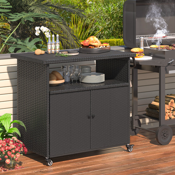 YODOLLA Outdoor Wicker Bar Table with Wheels & Shelf Patio Serving Table Outdoor Storage Cabinet, Black