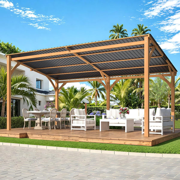 AECOJOY 16' x 10' Wood Gazebo, Outdoor Heavy Duty Wooden Pergola on Clearance, Patio Lean to Hardtop Awnings