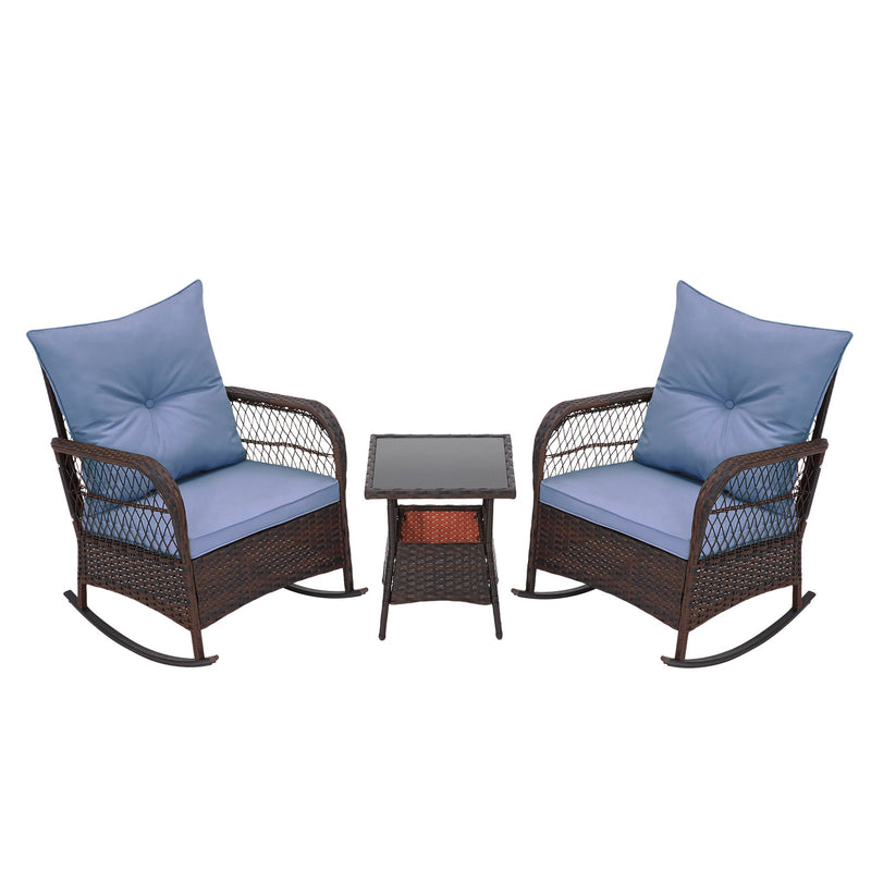 3-Piece Rattan Rocking Bistro Set with Glass Coffee Table for Porch & Garden