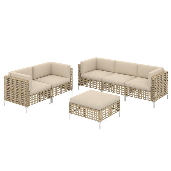 YODOLLA 6-Piece Patio Furniture Set, Boho Style Rattan Wicker 3-Seater Sofa Couch & Loveseat with Coffee Table In Beige