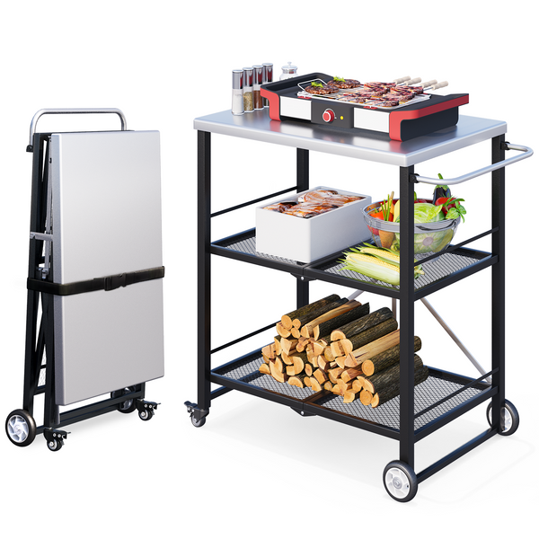 YODOLLA Foldable Outdoor Grill Cart 3 Tiers Stainless Steel Rolling Cart with Wheels Metal Utility Storage Trolley,Black