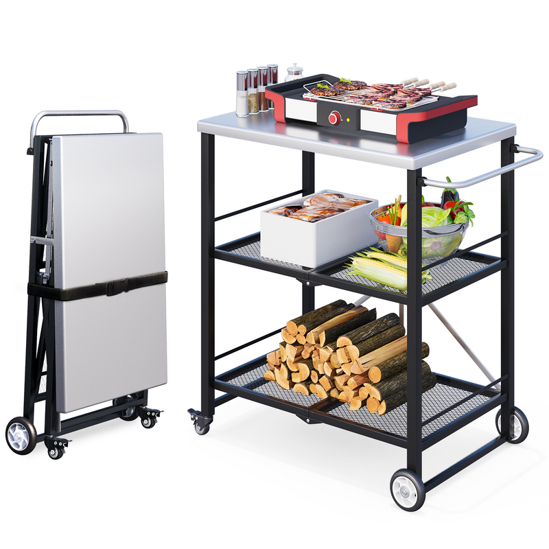 YODOLLA Foldable Outdoor Grill Cart 3 Tiers Stainless Steel Rolling Cart with Wheels Metal Utility Storage Trolley,Black