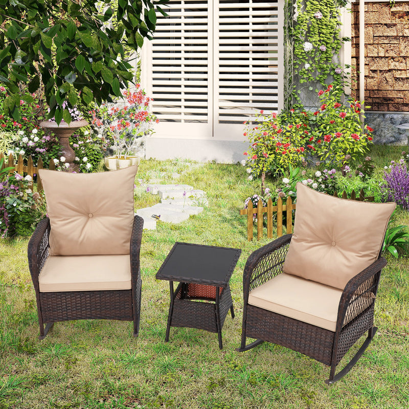 3 pcs Rocking Bistro Set, Outdoor PE Rattan Rocking Chairs with Tempered Glass Coffee Table