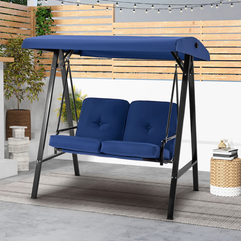 AECOJOY 2 Persons Outdoor Patio Canopy Steel Porch Swing Chair-Dark Blue